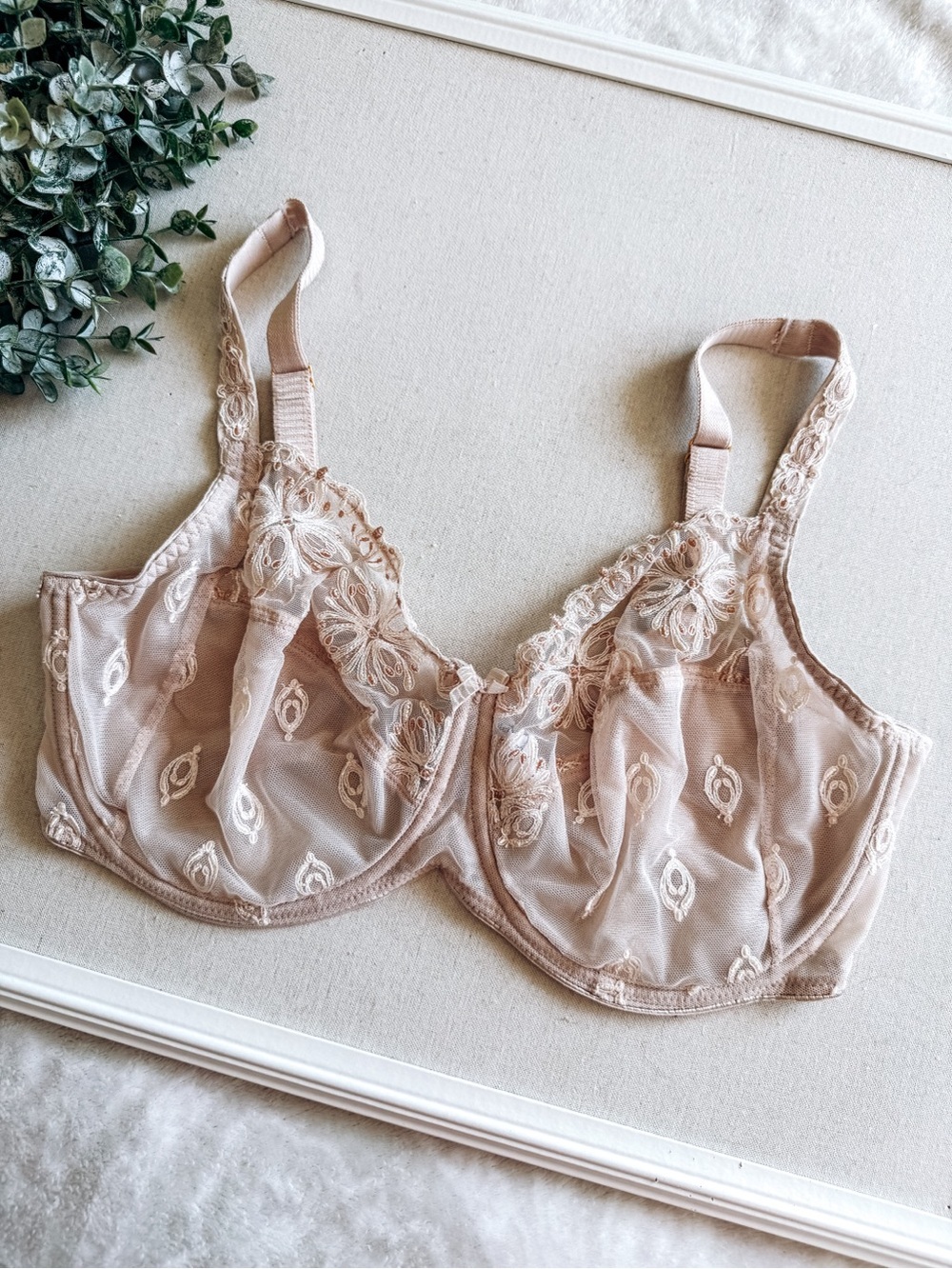Chantelle Embroidered Lace Underwire Bra Nude Beige Size 36G